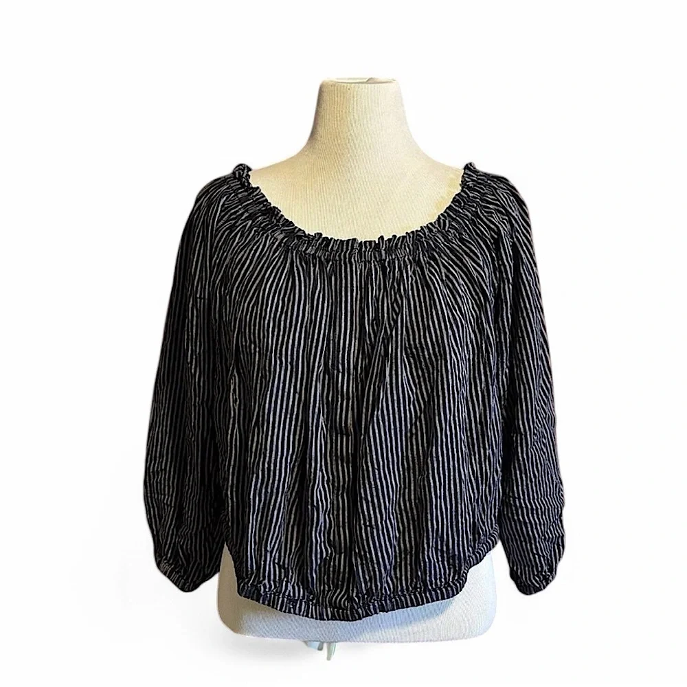 rag & bone Sz Small Navy Striped Peasant Blouse Modal Linen Boho Balloon Sleeve - Picture 4 of 6